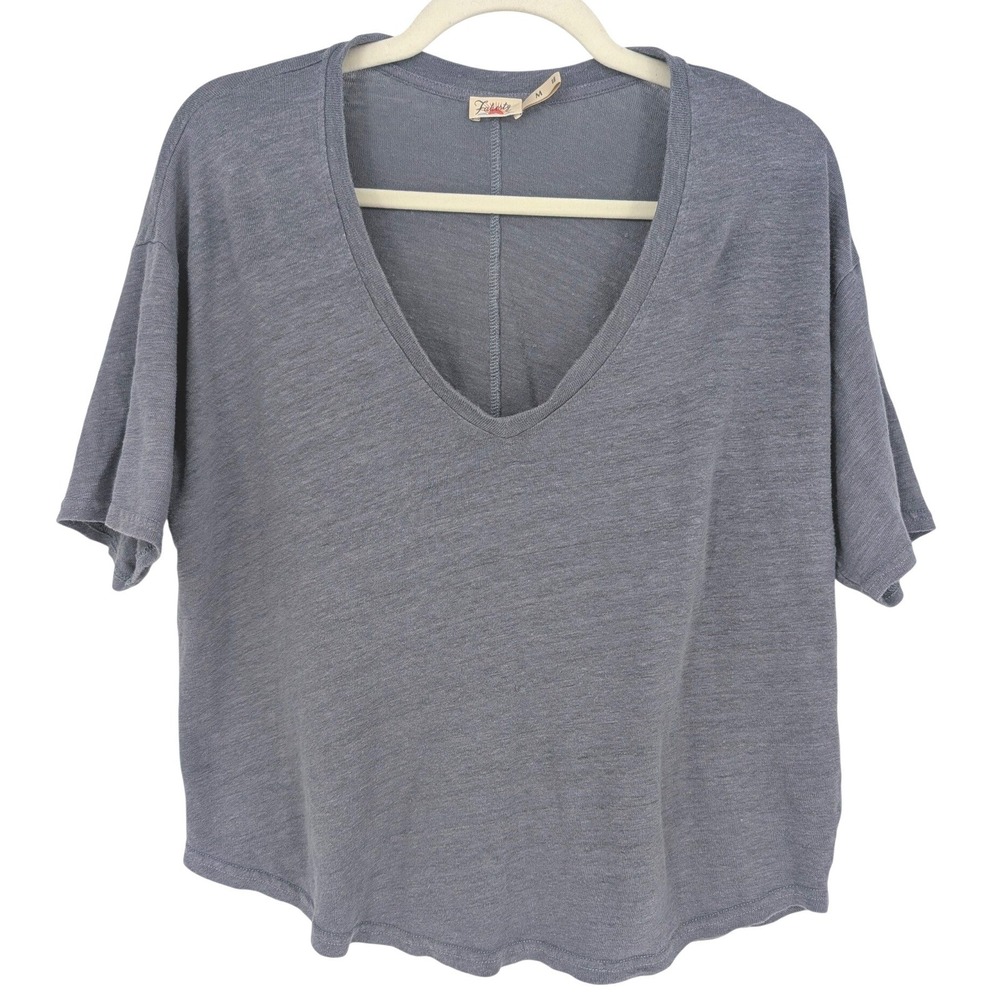 Faherty Oceanside Linen V-Neck Tee Women M Folkstone Blue Gray Short Sleeve Slub